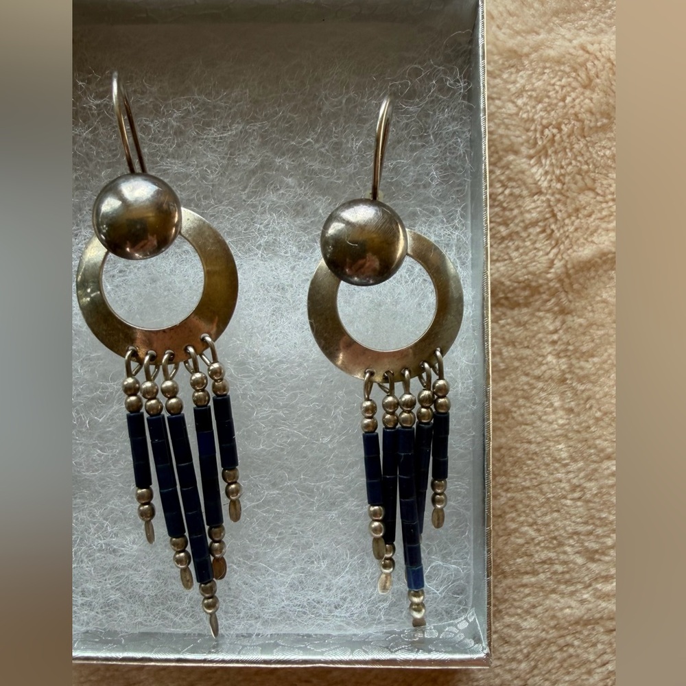 Native American Silver Hoop Fringe Earrings with lapis Beads